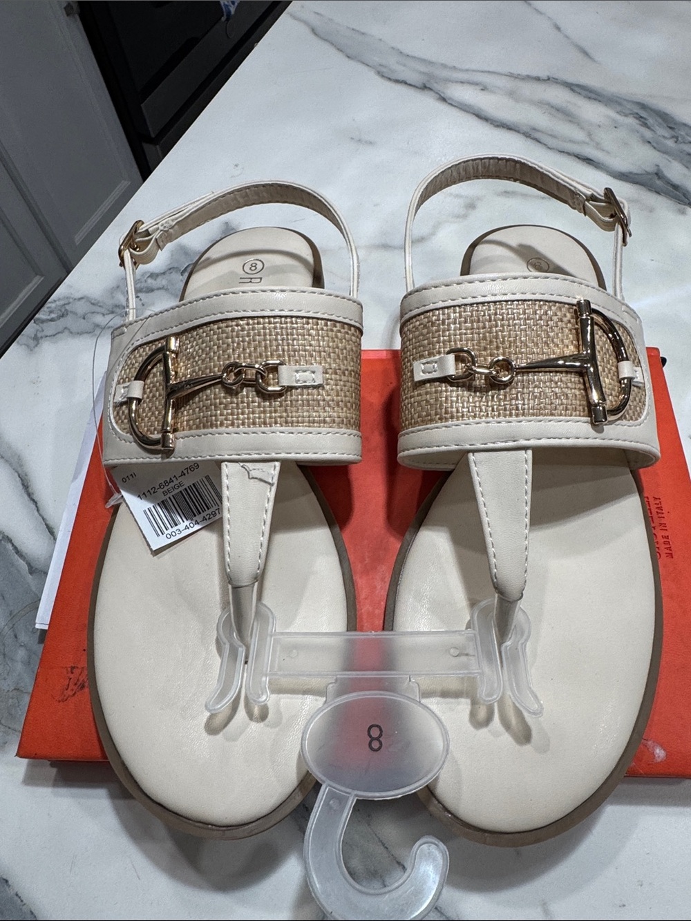 Rouge Helium Cream Raffia-Trim Thong Sandals with Gold Hardware